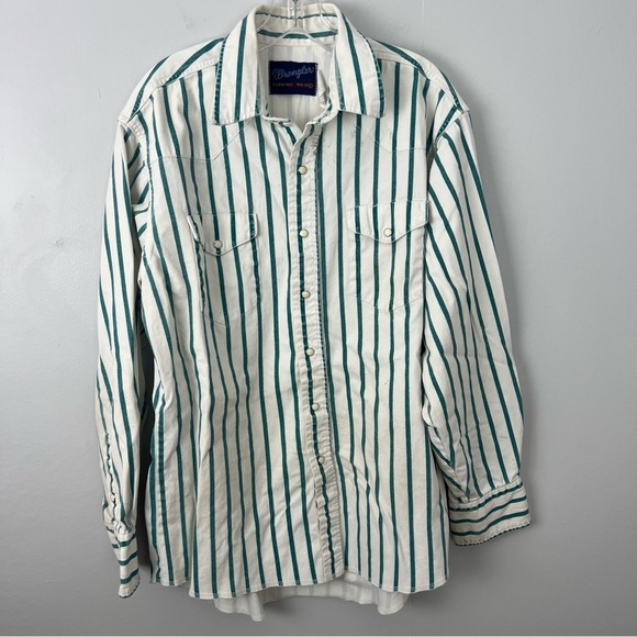 Wrangler Brushpopper Distressed Vertical Striped Shirt Pearl Snaps - Picture 1 of 7